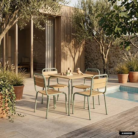 Table de jardin enfant acier et décor bois + 4 assises - suzie Vert de gris 1 - vertbaudet enfant 