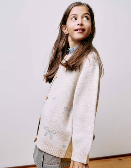 Cardigan en maille avec nœuds et pois jacquard Beige clair 2 - vertbaudet enfant 