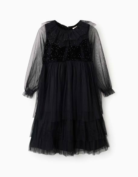 Robe à manches longues en velours et tulle avec volants Noir 2 - vertbaudet enfant 