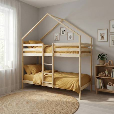 Lit enfant superposé cabane 90 x 190 cm pin naturel sommier à lattes inclus - roya Naturel 1 - vertbaudet enfant 