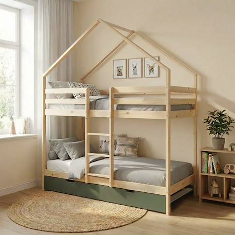 Lit enfant superposé cabane 90 x 190 cm pin naturel avec sommier et lit tiroir - roya Blanc+Vert 7 - vertbaudet enfant 