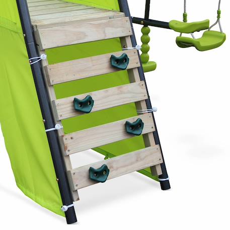 Portique avec balançoires, face à face, toboggan, panier de basket,mur d'escalade, tente Vert 4 - vertbaudet enfant 