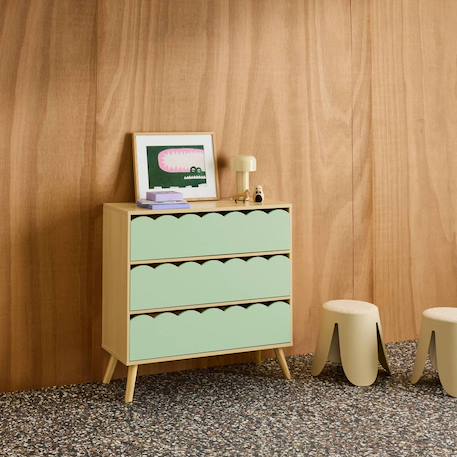 Commode enfant décor bois 3 tiroirs, pieds bois de pin - 80 x 30 x 79 cm - azur Blanc+Naturel+Rose+Vert 22 - vertbaudet enfant 