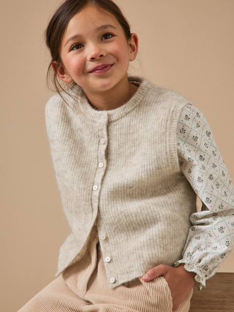 Cardigan sans manches doux fille Ecru chine+Marron 1 - vertbaudet enfant 