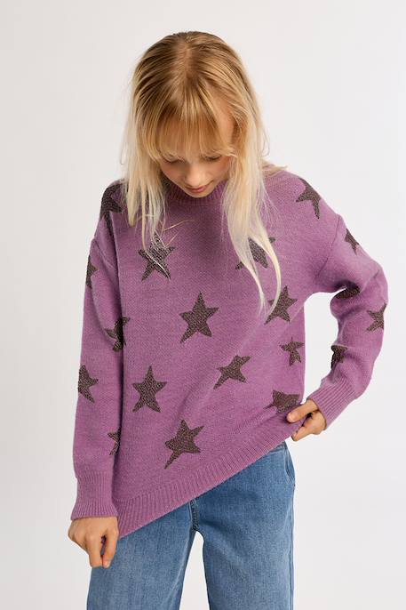Pull en maille à motifs étoiles - fille Mauve+Noir+Purple 6 - vertbaudet enfant 