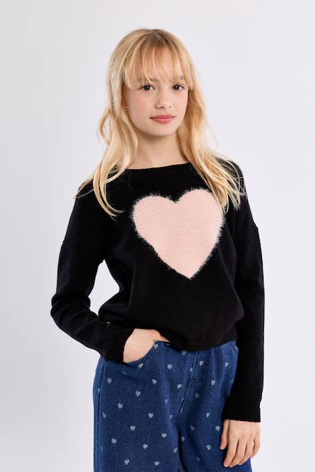 Pull en maille, motif cœur Noir 1 - vertbaudet enfant 