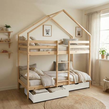 Lit enfant superposé cabane 90 x 190 cm pin naturel sommier à lattes et tiroirs - roya Blanc 1 - vertbaudet enfant 