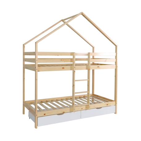 Lit enfant superposé cabane 90 x 190 cm pin naturel sommier à lattes et tiroirs - roya Blanc 2 - vertbaudet enfant 