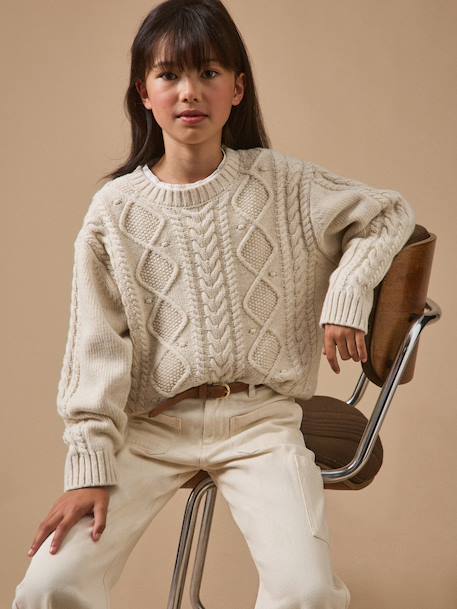 Pull torsadé avec laine fille Ecru chine 1 - vertbaudet enfant 