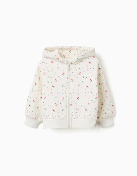 Sweat zippé en coton peigné à capuche et motif floral Blanc 1 - vertbaudet enfant 