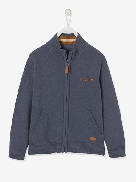 Gilet zippé col montant personnalisable garçon Bleu chiné+Ecru chiné - BROSS B 0294+vert chiné 2 - vertbaudet enfant 