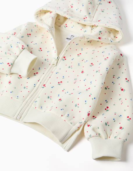 Sweat zippé en coton peigné à capuche et motif floral Blanc 3 - vertbaudet enfant 