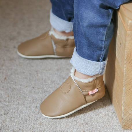 Chaussons cuir souple uni fourrés Beige 3 - vertbaudet enfant 