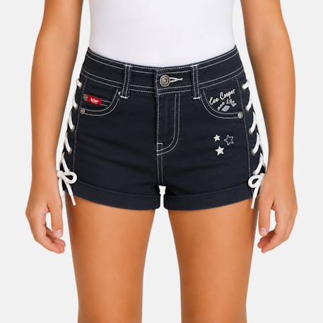 Short en jean à laçage latéral, coupe décontractée Bleu brut+Rose fuchsia+Vert kaki 2 - vertbaudet enfant 