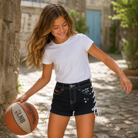 Short en jean à laçage latéral, coupe décontractée Bleu brut+Rose fuchsia+Vert kaki 3 - vertbaudet enfant 