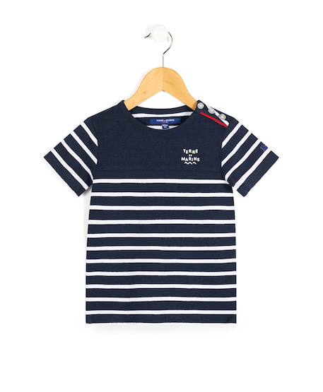 Mariniere manches courtes 100% coton garçon Fond indigo raye blanc 1 - vertbaudet enfant 