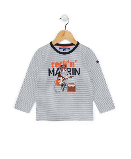 T-shirt manches longues 100% coton garçon Fond naturel raye indigo 1 - vertbaudet enfant 