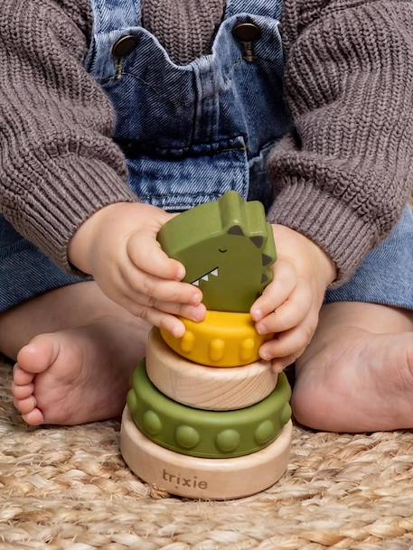 Tour à empiler en bois FSC® et silicone jaune+rose+vert 11 - vertbaudet enfant 