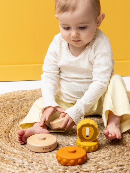 Tour à empiler en bois FSC® et silicone jaune+rose+vert 1 - vertbaudet enfant 