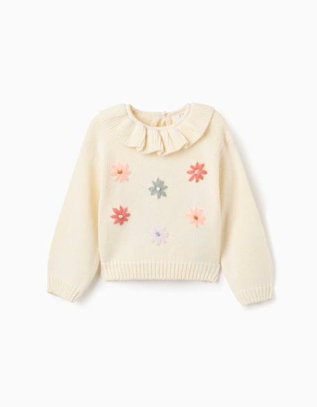 Pull en maille épaisse avec fleurs brodées Blanc 1 - vertbaudet enfant 