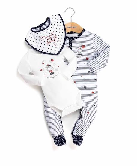 Ensemble bébé 3 pièces 100% coton bébé fille Fond blanc opt raye marine 4 - vertbaudet enfant 