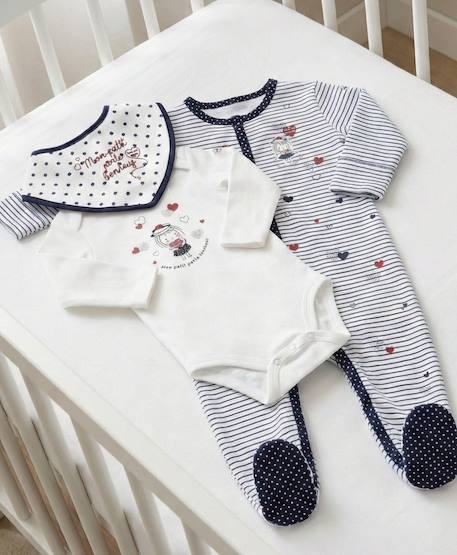 Ensemble bébé 3 pièces 100% coton bébé fille Fond blanc opt raye marine 1 - vertbaudet enfant 