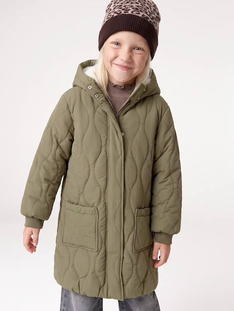 Doudoune fille longue à capuche doublée imitation fourrure kaki+noir 2 - vertbaudet enfant 