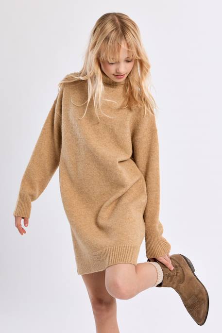 Robe en maille, col roulé Beige+Rose 1 - vertbaudet enfant 