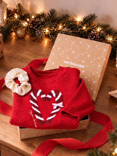 Coffret Noël fille pull jacquard et accessoire écru+rose pâle+rouge 22 - vertbaudet enfant 