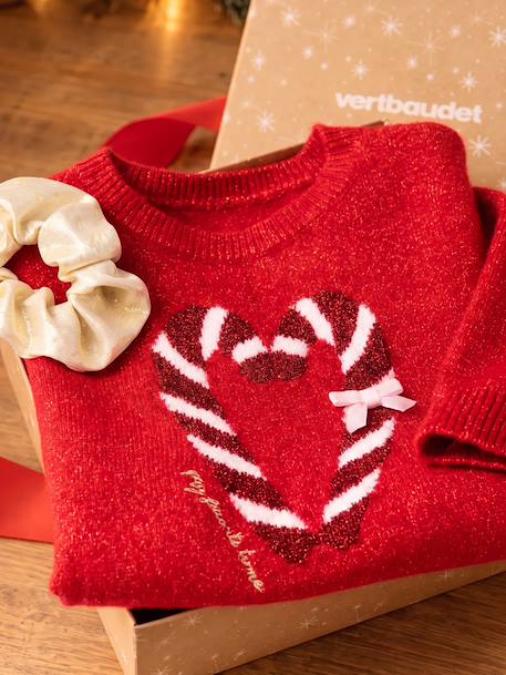 Coffret Noël fille pull jacquard et accessoire écru+rose pâle+rouge 23 - vertbaudet enfant 
