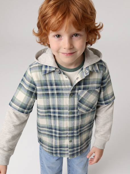 Chemise double matière effet 2 en 1 garçon carreaux blanc+carreaux vert 6 - vertbaudet enfant 