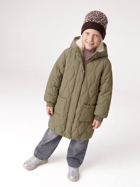 Doudoune fille longue à capuche doublée imitation fourrure kaki+noir 4 - vertbaudet enfant 