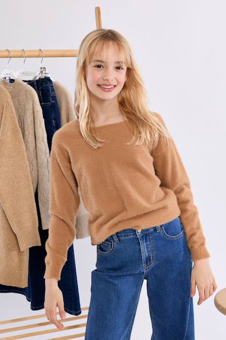 Pull duveteux col rond - fille Camel+Jaune+Noir 4 - vertbaudet enfant 