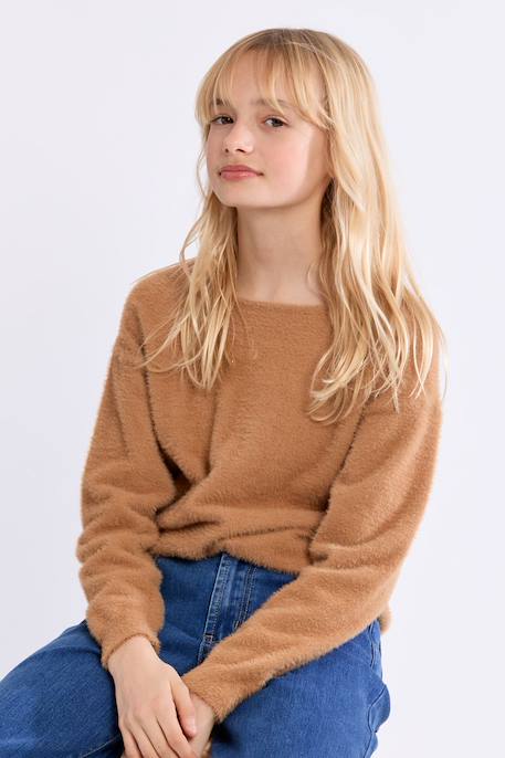Pull duveteux col rond - fille Camel+Jaune+Noir 1 - vertbaudet enfant 