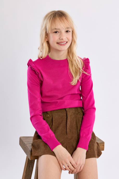 Pull en maille, épaules volantées - fille Fuchsia+Noir 4 - vertbaudet enfant 