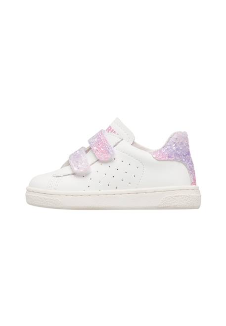 Baskets bébé fille en cuir et tissu hasselt 2 à scratch, avec paillettes Blanc-rose 3 - vertbaudet enfant 
