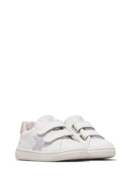 Baskets bébé fille en cuir et tissu pailleté pinn à scratch Blanc-rose 2 - vertbaudet enfant 