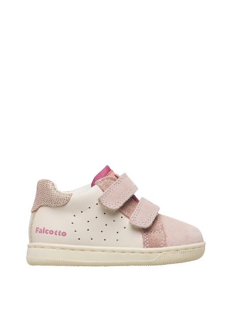 Baskets enfant en cuir et daim kiner à scratch Blanc crème-rose poudré+Blanc-bleu clair-vert 1 - vertbaudet enfant 