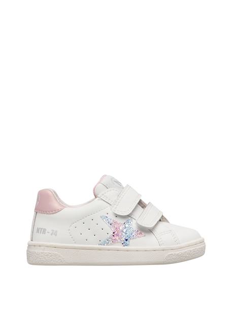 Baskets bébé fille en cuir et tissu pailleté pinn à scratch Blanc-rose 1 - vertbaudet enfant 