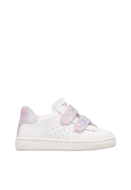 Baskets bébé fille en cuir et tissu hasselt 2 à scratch, avec paillettes Blanc-rose 1 - vertbaudet enfant 