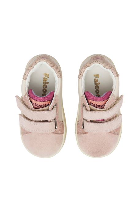 Baskets enfant en cuir et daim kiner à scratch Blanc crème-rose poudré+Blanc-bleu clair-vert 4 - vertbaudet enfant 