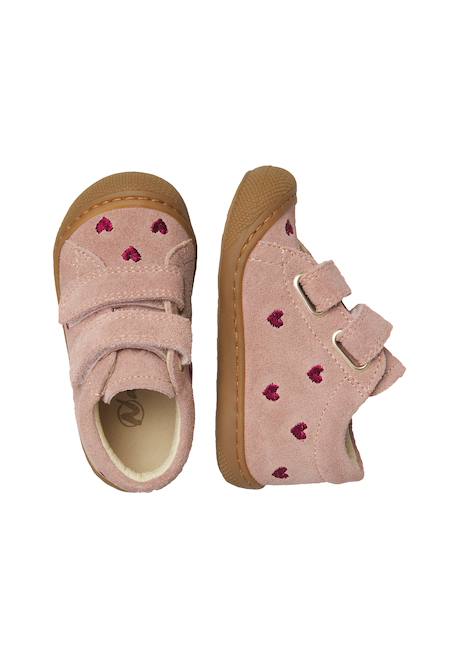 Chaussures premiers pas bébé fille en daim cocoon à scratch, broderies cœurs Rose-violet+Sable-cognac 4 - vertbaudet enfant 