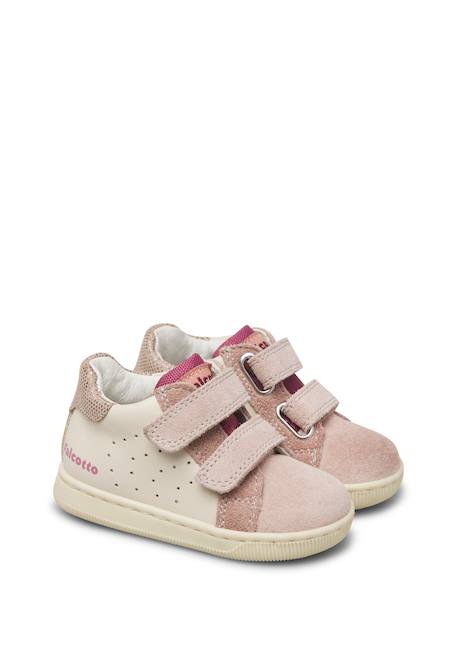 Baskets bébé en cuir et daim kiner à scratch Blanc crème-rose poudré+Blanc-bleu clair-vert+Gris-rouge 2 - vertbaudet enfant 