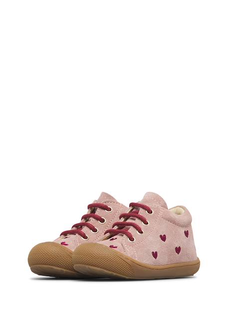 Chaussures premiers pas bébé fille en daim cocoon, broderies cœurs Rose-violet+Sable-platine 5 - vertbaudet enfant 