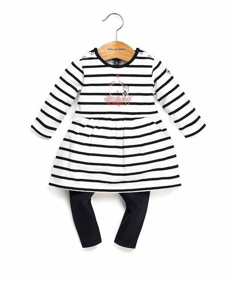 Ensemble robe + bas 100% coton bébé fille Fond naturel raye marine 1 - vertbaudet enfant 