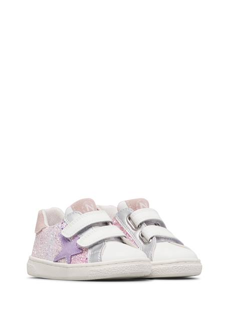 Baskets fille en daim et tissu pailleté pinn à scratch Blanc-argenté 2 - vertbaudet enfant 