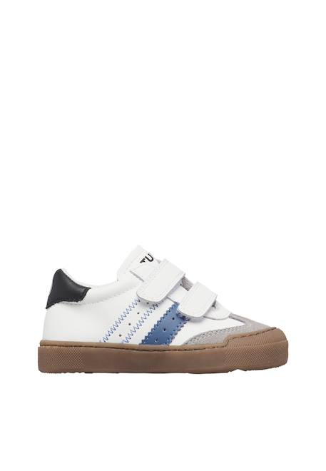 Baskets bébé en cuir et daim riby à scratch Blanc-gris-bleu+Blanc-gris-rose poudré 1 - vertbaudet enfant 