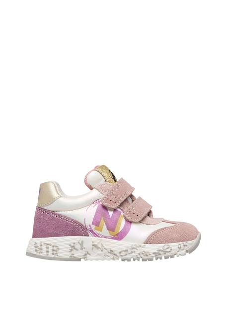 Baskets fille en cuir et tissu jesko 2 à scratch Rose poudré-blanc-platine 1 - vertbaudet enfant 