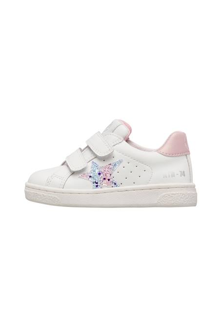 Baskets bébé fille en cuir et tissu pailleté pinn à scratch Blanc-rose 3 - vertbaudet enfant 