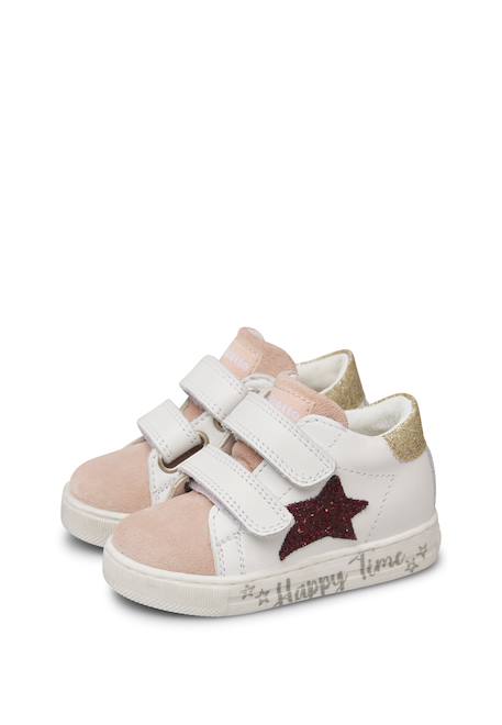 Baskets bébé en cuir et daim sasha à scratch Blanc-bleu clair+Blanc-rose 10 - vertbaudet enfant 